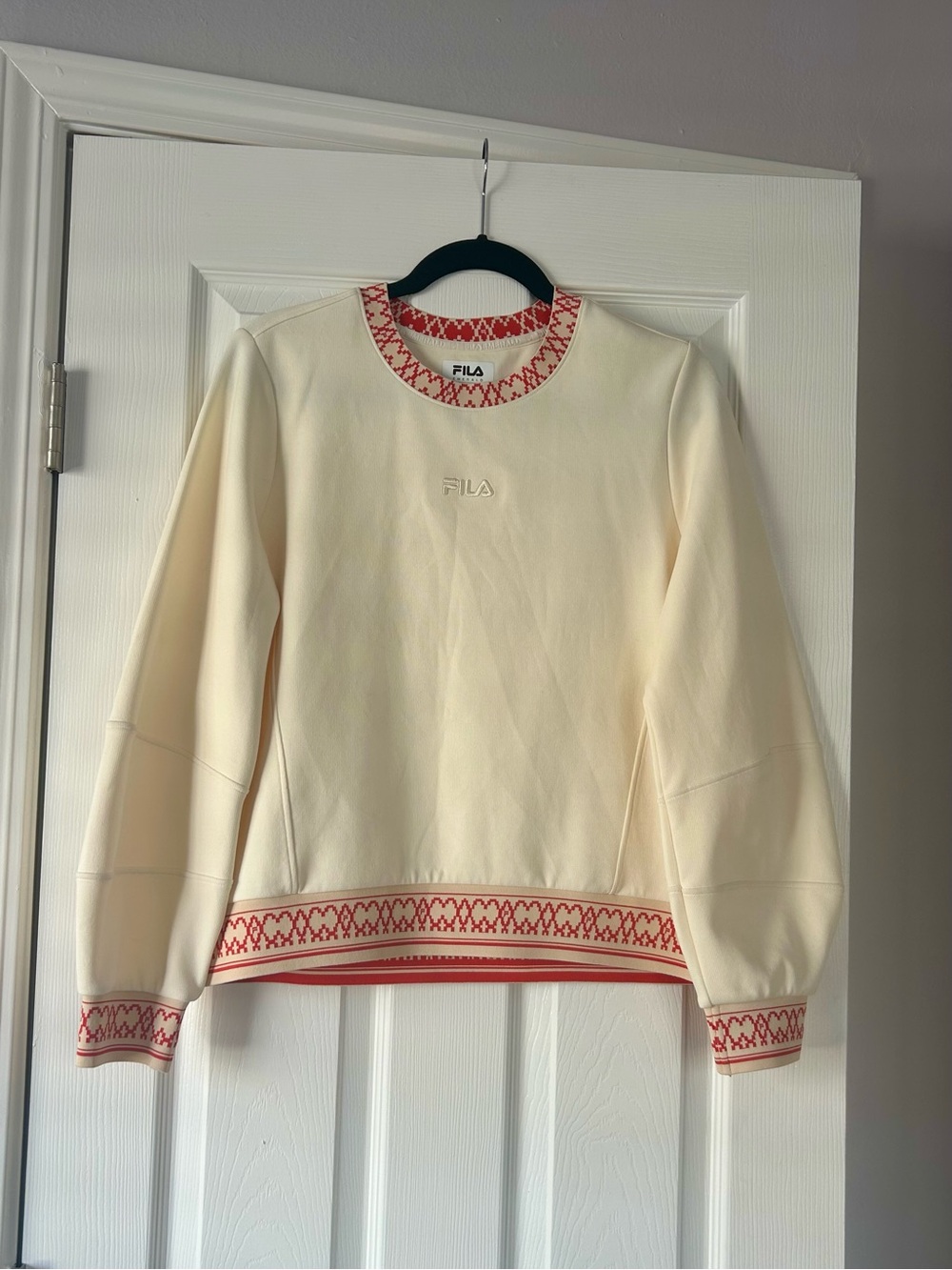 FILA Emerald Collection Cream Crewneck Sweater with Orange Geometric Trim Sz L